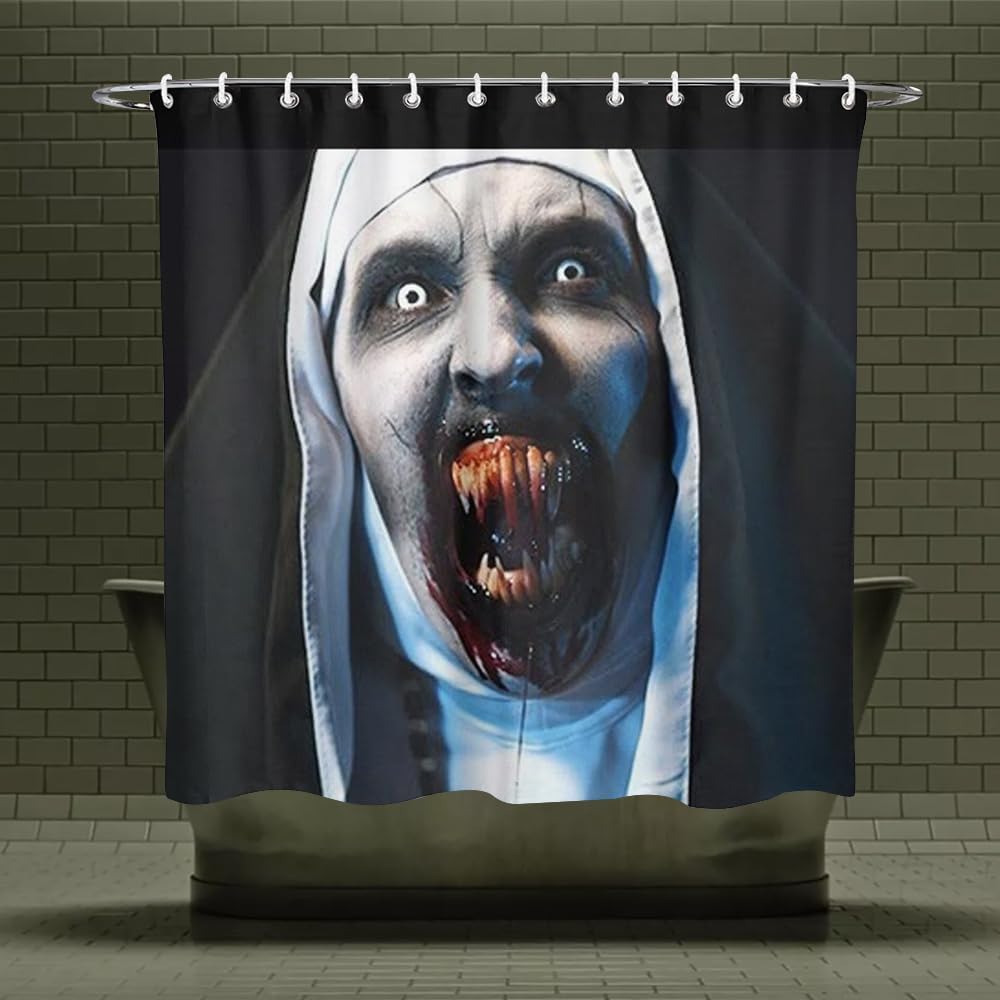 Juego de cortinas de ducha de Halloween para baño, diseño de monja aterradora 2 Conjuring The Nun II con temática de película de terror, decoración