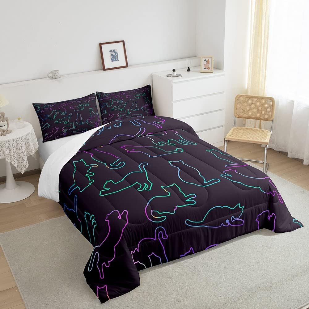 Erosebridal Juego de ropa de cama de animales tamaño matrimonial, juego de edredón de gato neón degradado, juegos de ropa de cama y colecciones de