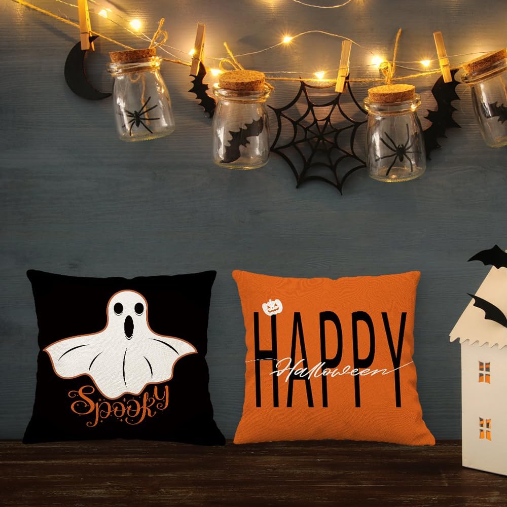 BOFKYIC Juego de 4 fundas de almohada de 18 x 18 pulgadas con texto en inglés Happy Halloween con texto en inglés Truco o trato con diseño de