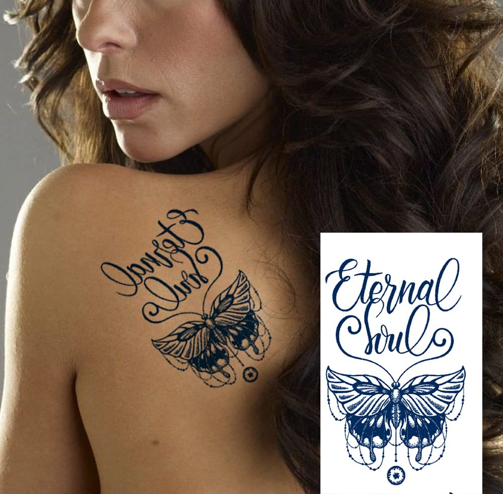 Tatuaje semipermanente de plumas de mariposa, 6 hojas de larga duración de 1 a 2 semanas, tatuajes temporales de letras chinas inglesas, 100% tinta