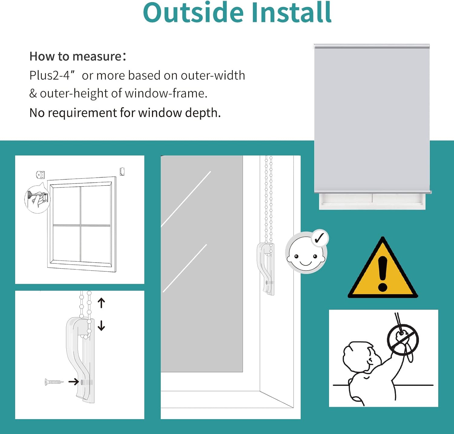 Joydeco Cortinas enrollables opacas con cable de 28 pulgadas, color gris claro, impermeables, clásicas con aislamiento térmico, protección UV, para