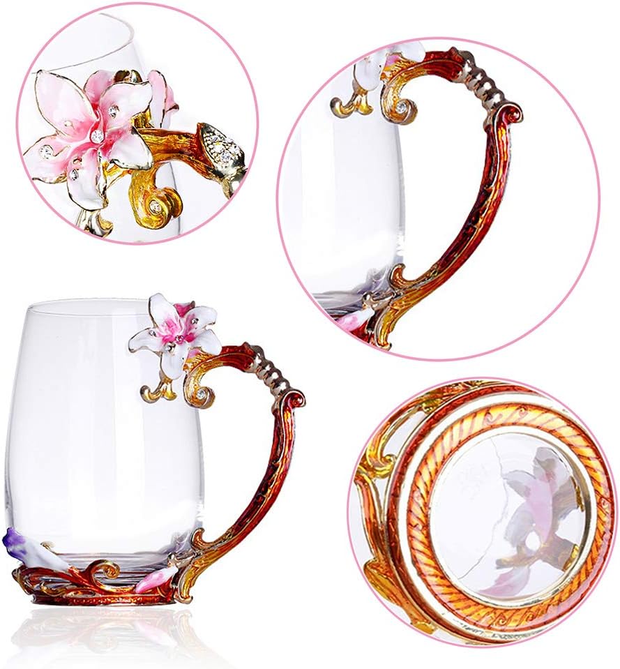 Taza de cristal con flores hecha a mano, para café o té, regalo para esposa, madre, abuela, mujeres
