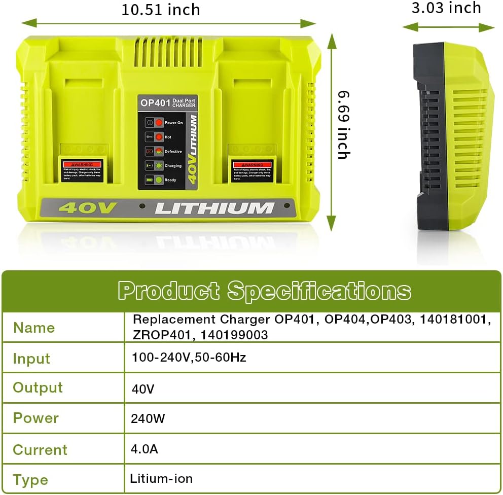 Zinkiwayr – Cargador de batería de litio de 40 V, 40 V, cargador rápido compatible con Ryobi 40V iones de litio OP4015 OP4026 OP4030 OP4040 OP4050