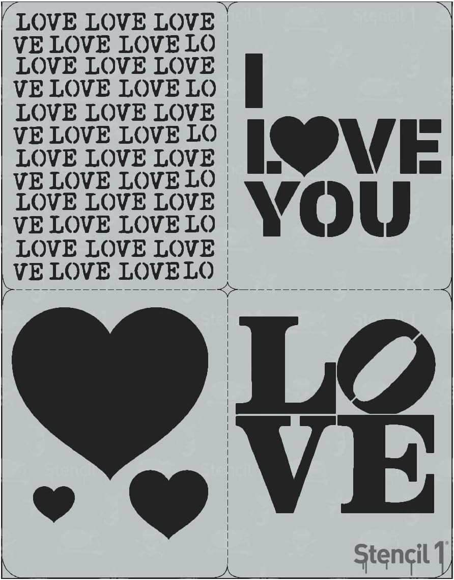 Stencil1 Juego de 4 plantillas de amor, corazones  Atractivas y duraderas plantillas reutilizables de calidad para pintar  Crea plantillas de