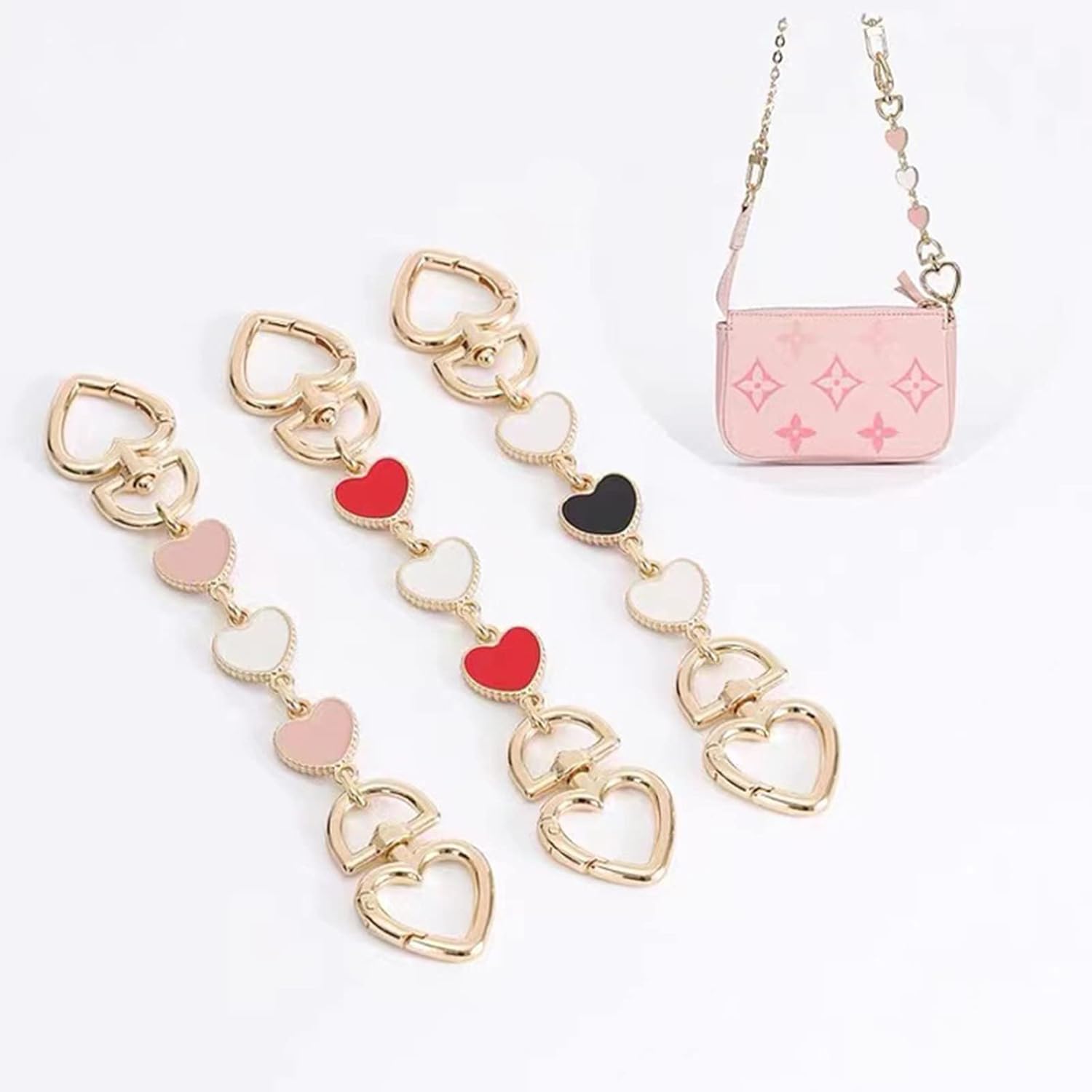 LOHGOU Correa de cadena para monedero, con dije de corazón, bolso de mano, cadena corta, extensor de correa de hombro (2 unidades, rojo, blanco,