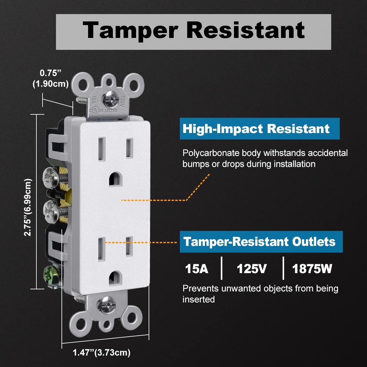 CML – 20 tomacorrientes de pared color blanco mate de 15 amperios, seguros para niños, resistentes a manipulaciones, enchufes eléctricos estándar,