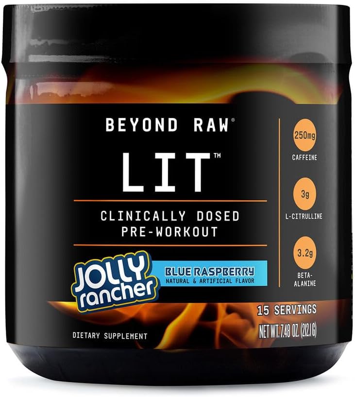 BEYOND RAW LIT  Polvo de preentrenamiento dosificado clínicamente  Contiene cafeína, L-citrulina, beta-alanina y óxido nítrico  Jolly Rancher Blue