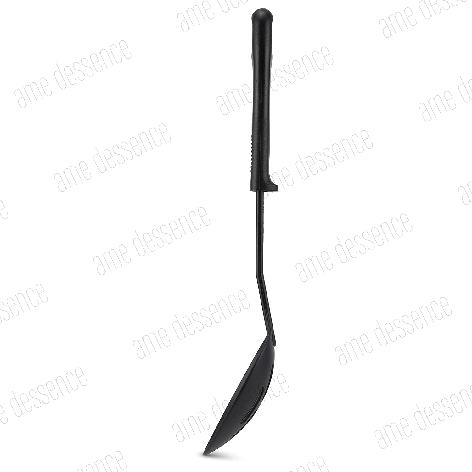 AME D’ESSENCE Cuchara de cocina ranurada de 11 12 pulgadas, nailon negro, 410F, resistente al calor, cuchara para servir con mango ergonómico,