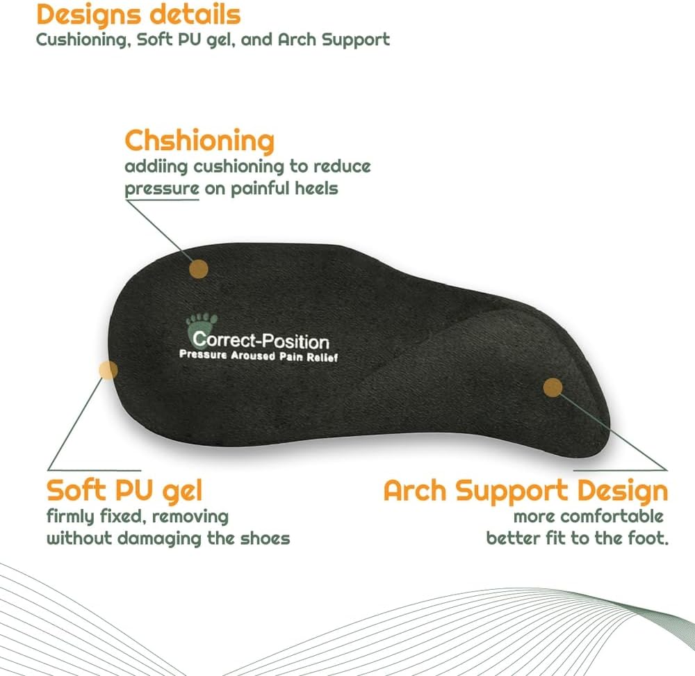 Correct Position’s – Almohadillas de talón con soporte de arco para pies planos, fascitis plantar, insertos de zapatos autoadhesivos para mujeres y