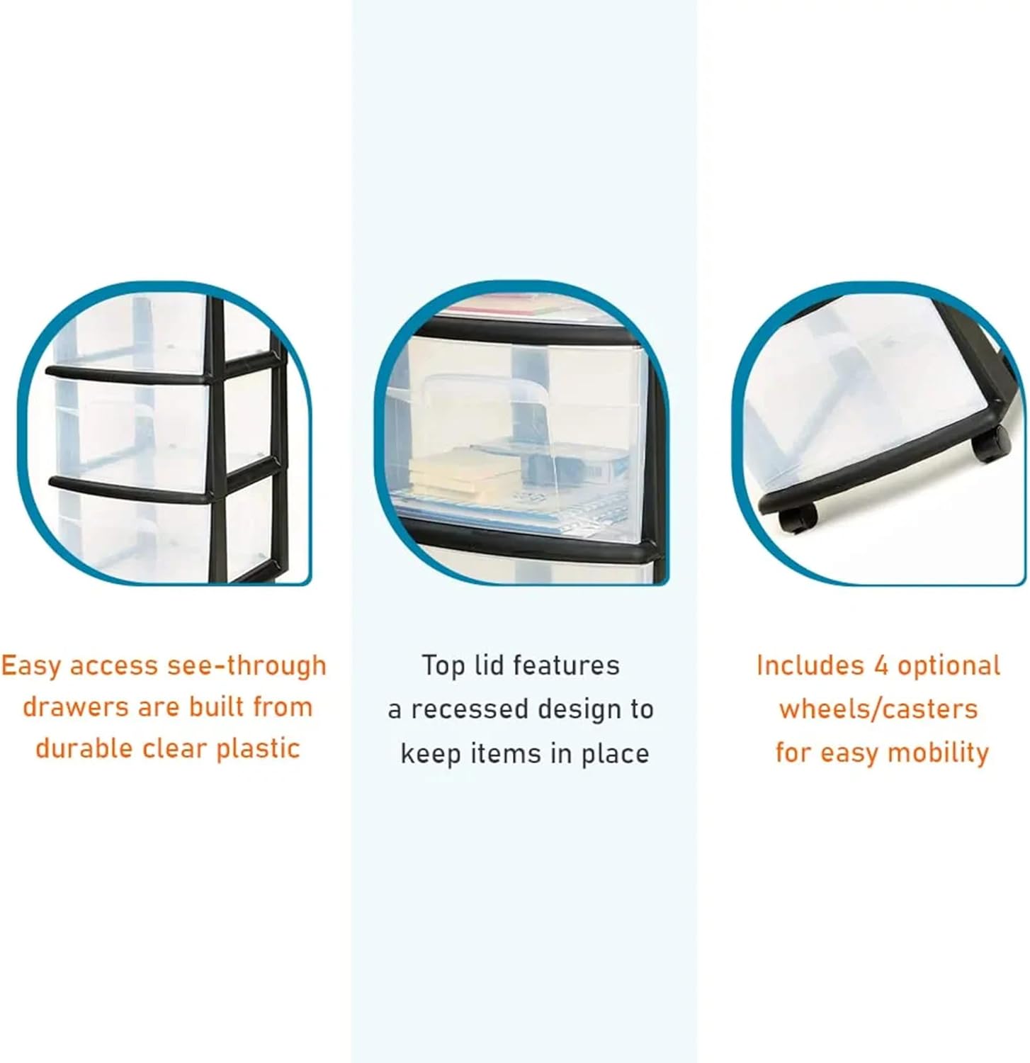 Homz Contenedor de plástico con 3 cajones transparentes medianos para organización del hogar con 3 cajones grandes con ruedas extraíbles, marco
