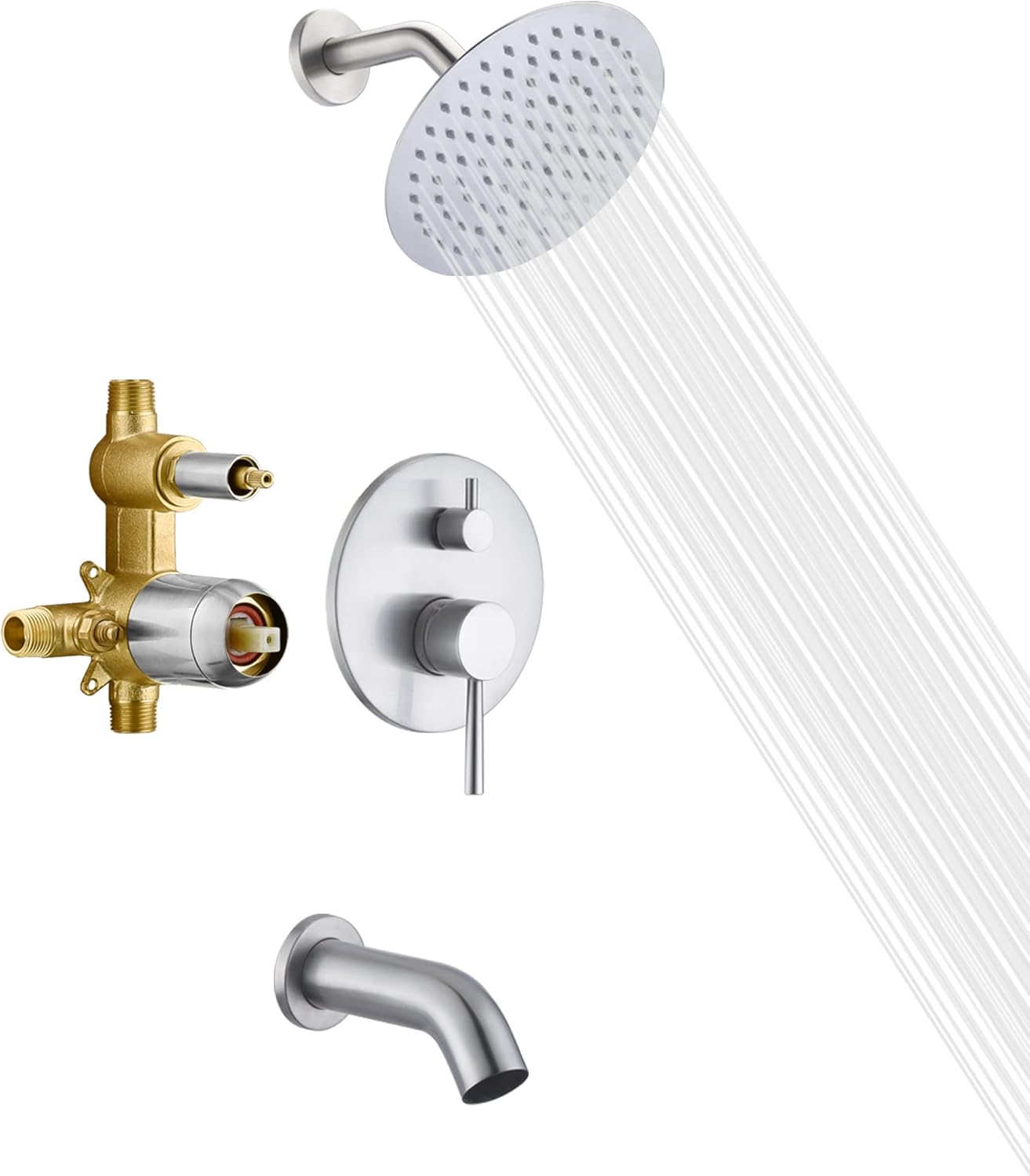 sumerain Grifo de bañera y ducha con válvula áspera, grifo de ducha de níquel cepillado con boquilla de bañera, cabezal de ducha de lluvia de 8