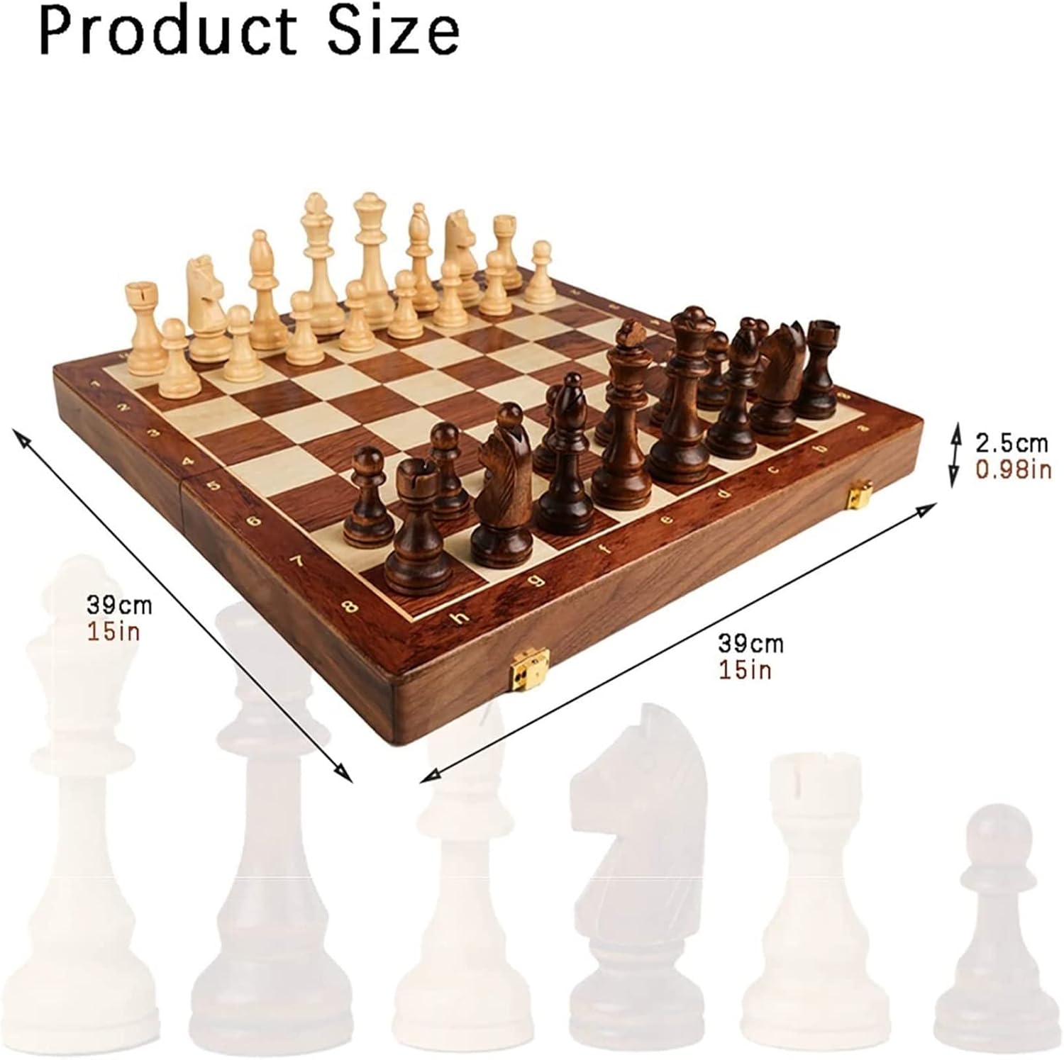 Juego de ajedrez de 15 x 15 pulgadas, juego de ajedrez de madera de nogal con incrustaciones con tablero de ajedrez plegable, piezas de ajedrez