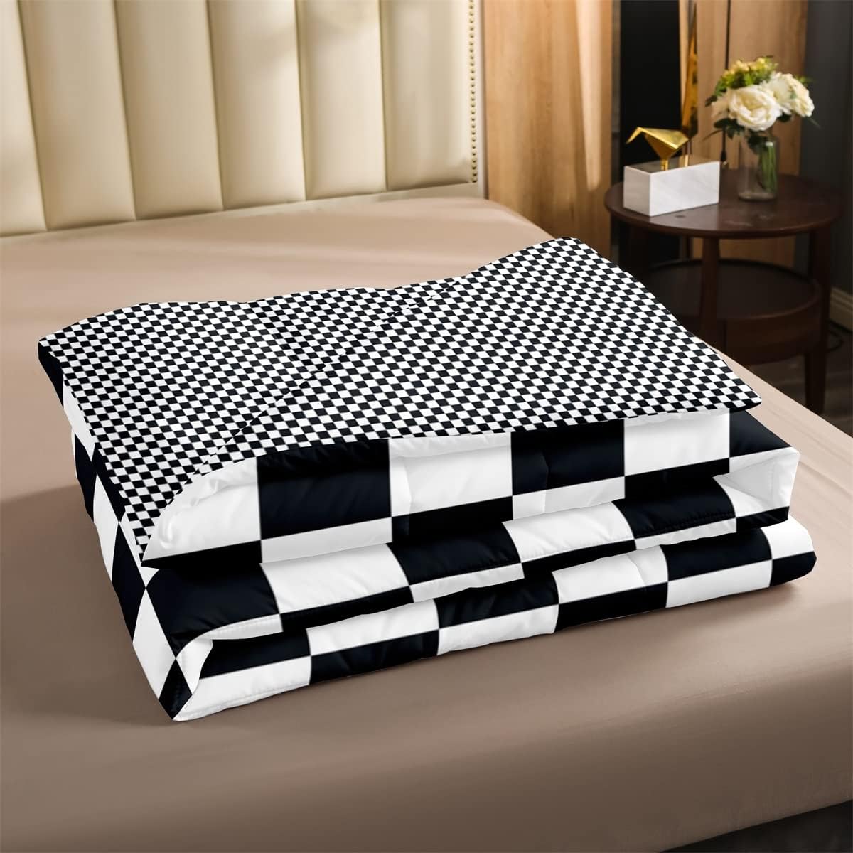 Erosebridal Juego de ropa de cama a cuadros en blanco y negro, tamaño matrimonial, juego de edredón reversible con cuadrícula geométrica para niños,