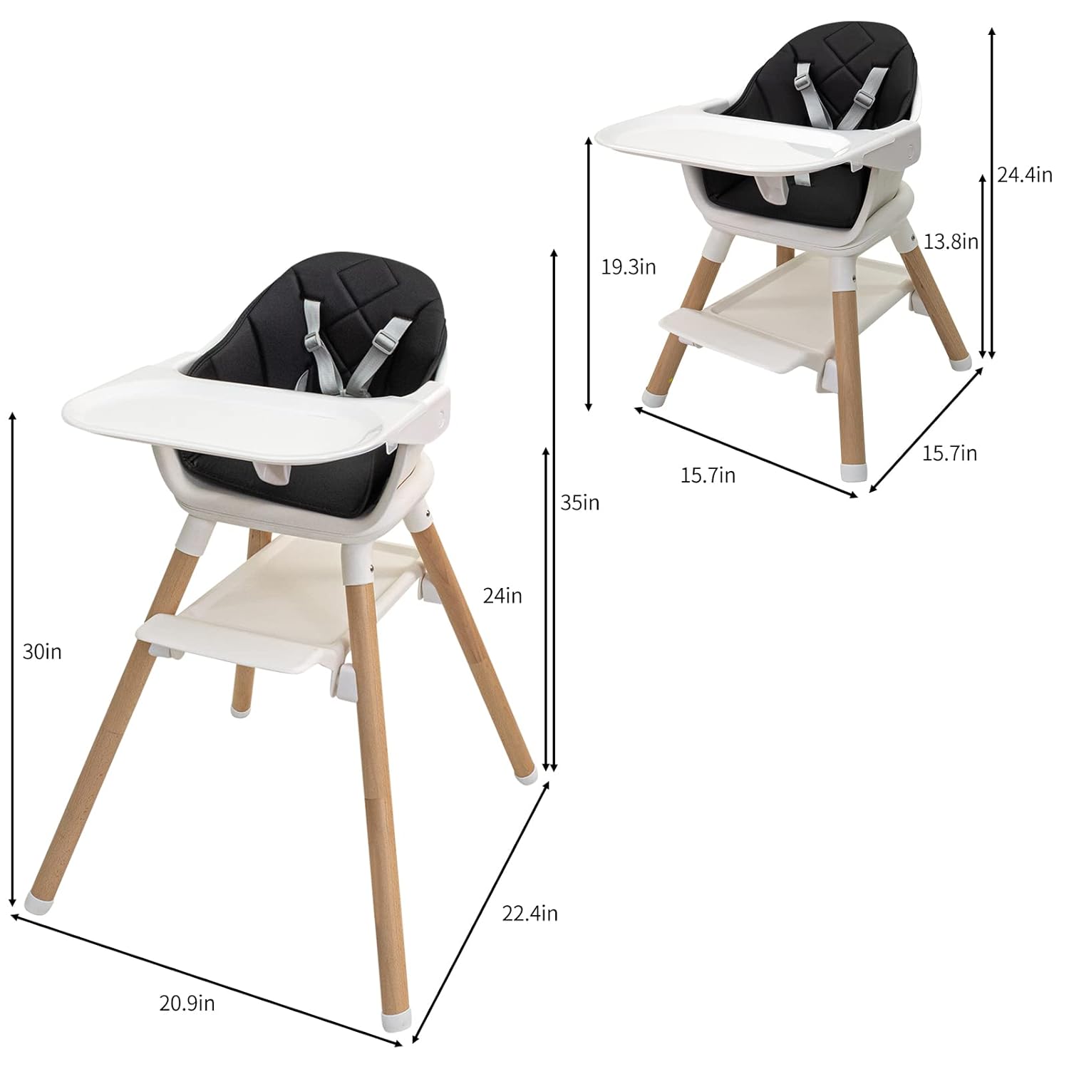 Silla alta de madera 6 en 1, sillas altas para bebés y niños pequeños, sillas altas para bebé con patas ajustables y bandeja apta para lavavajillas,