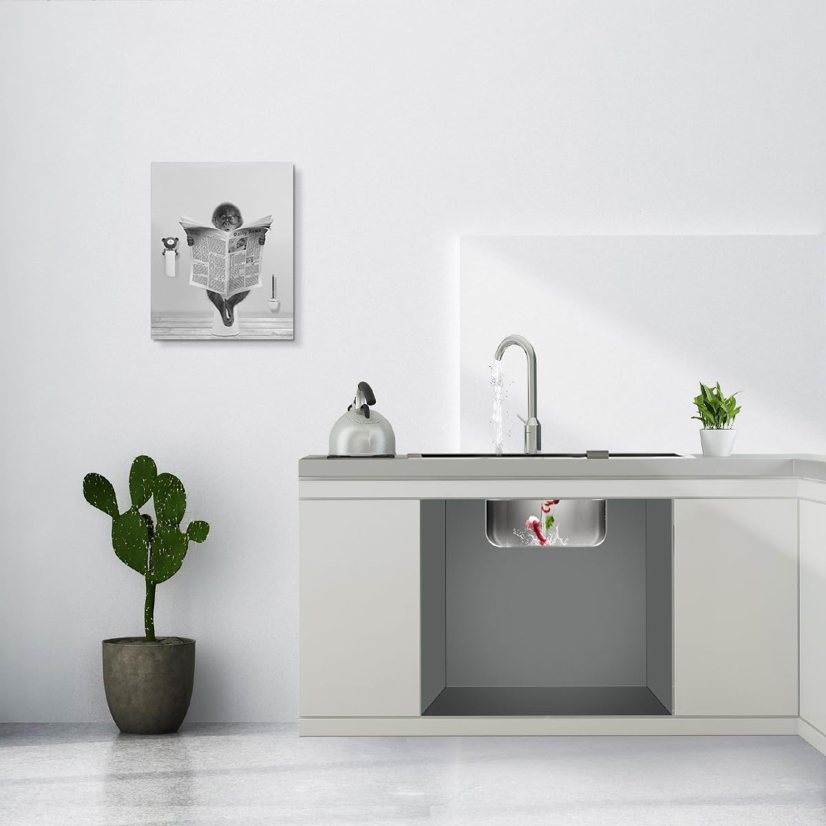 Decoración de baño de mono, imagen divertida de arte de pared de baño de mono, lienzo blanco y negro de mono bañándose en el baño, impresión
