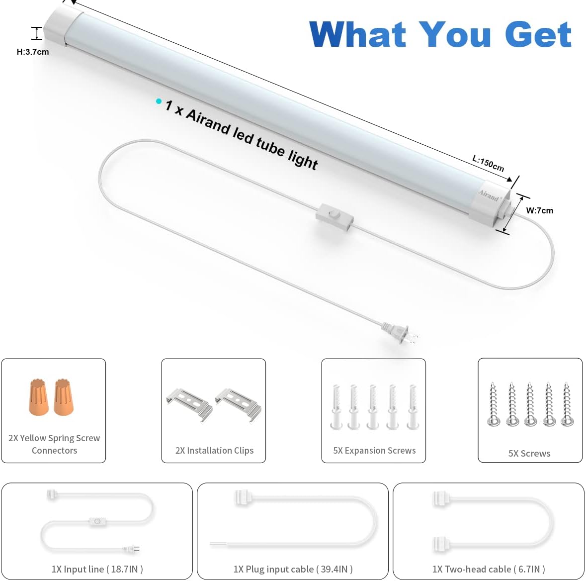 Luz LED de garaje de 5 pies con cable de enchufe, luces LED impermeables de 5000 K para debajo del gabinete, luces de tubo de iluminación de 45 W