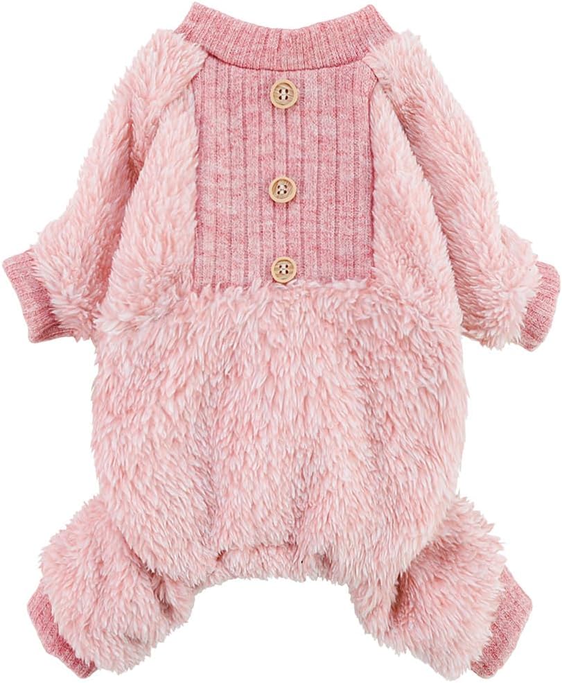 Fitwarm Pijama mullido para perros, ropa de invierno para perros pequeños, mameluco con pies, atuendo para gatos, rosa jaspeado, XS