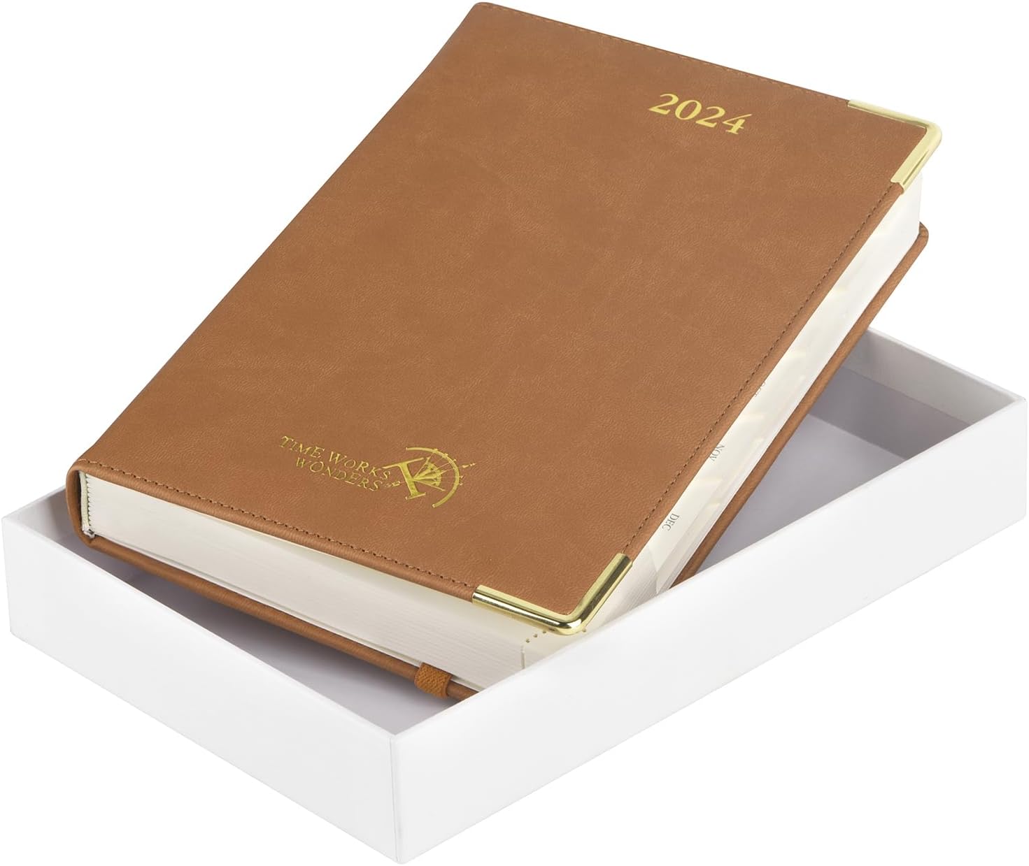 POPRUN Agenda diaria 2024 una página por día con tapa dura de cuero vegano, agenda 2024 libro de citas por hora con pestañas mensuales, bolsillo