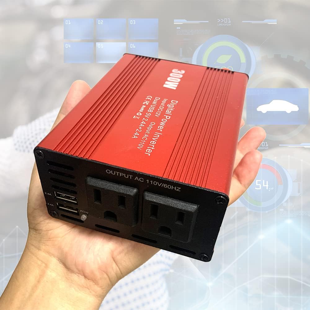 Inversor de corriente de 300 W, convertidor de potencia de automóvil de 12 V CC a 110 V CA con cargadores USB duales de 4.8 A para camping, viaje de