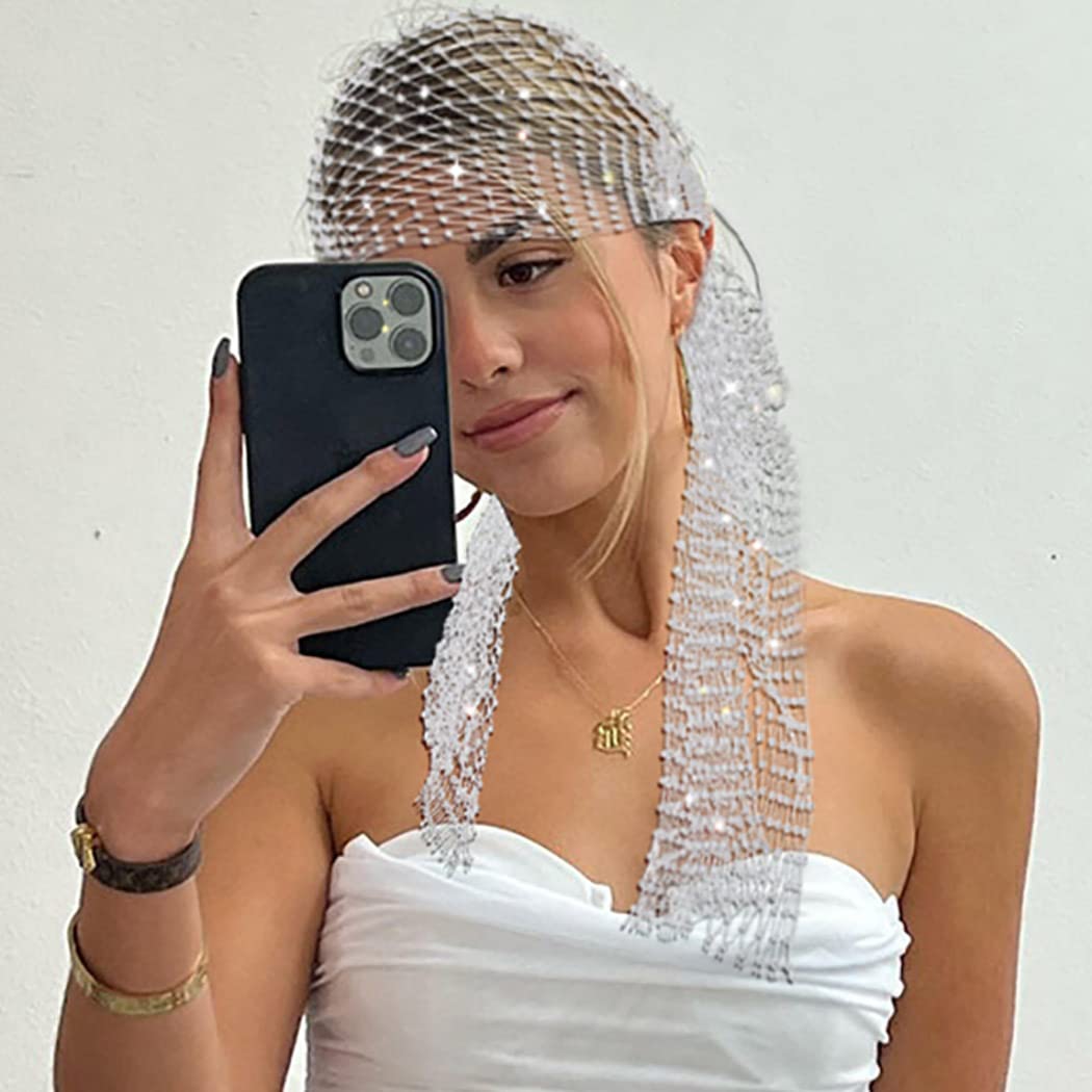 Formery Diadema de malla con diamantes de imitación brillantes, diademas anchas de cristal, turbante, fiesta, discoteca, rave, borde rave, bufanda
