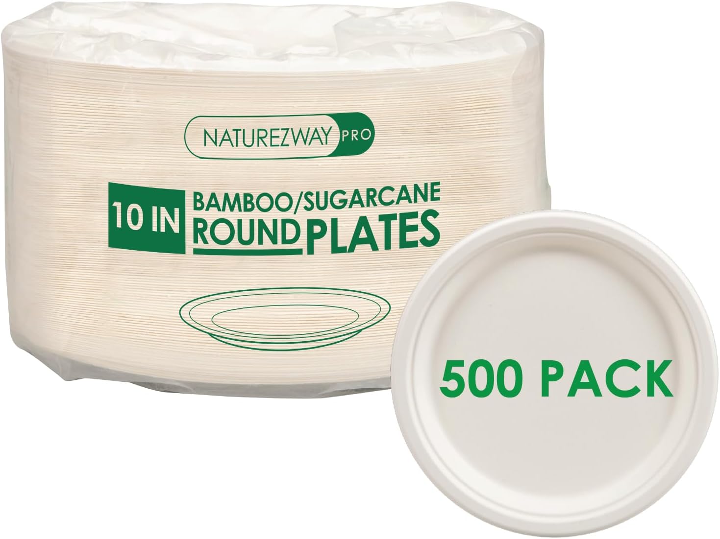 Platos redondos de 10 pulgadas (paquete de 500) vajilla de bambú y caña de azúcar de calidad prémium de grado restaurante, ecológico, compostable,