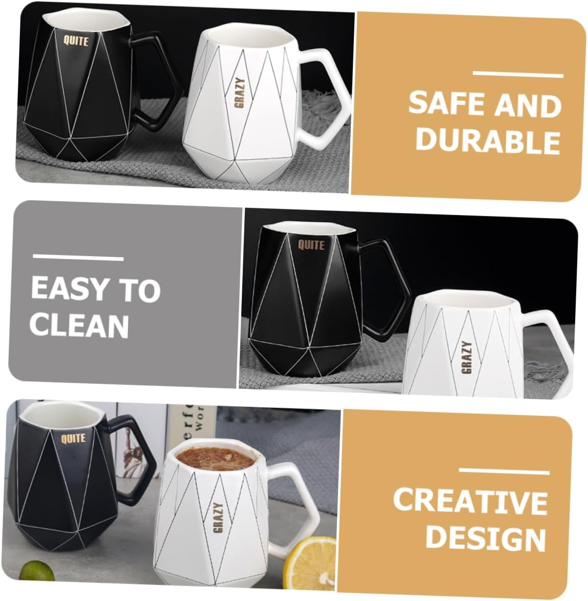 RORPOIR Mug Tea Cup with Lid Vintage Tea Cups Cappuccino Cup Black Ceramic Tea Cup Geometric Line Ceramic Cup Coffee Cup With Cover Water Cup