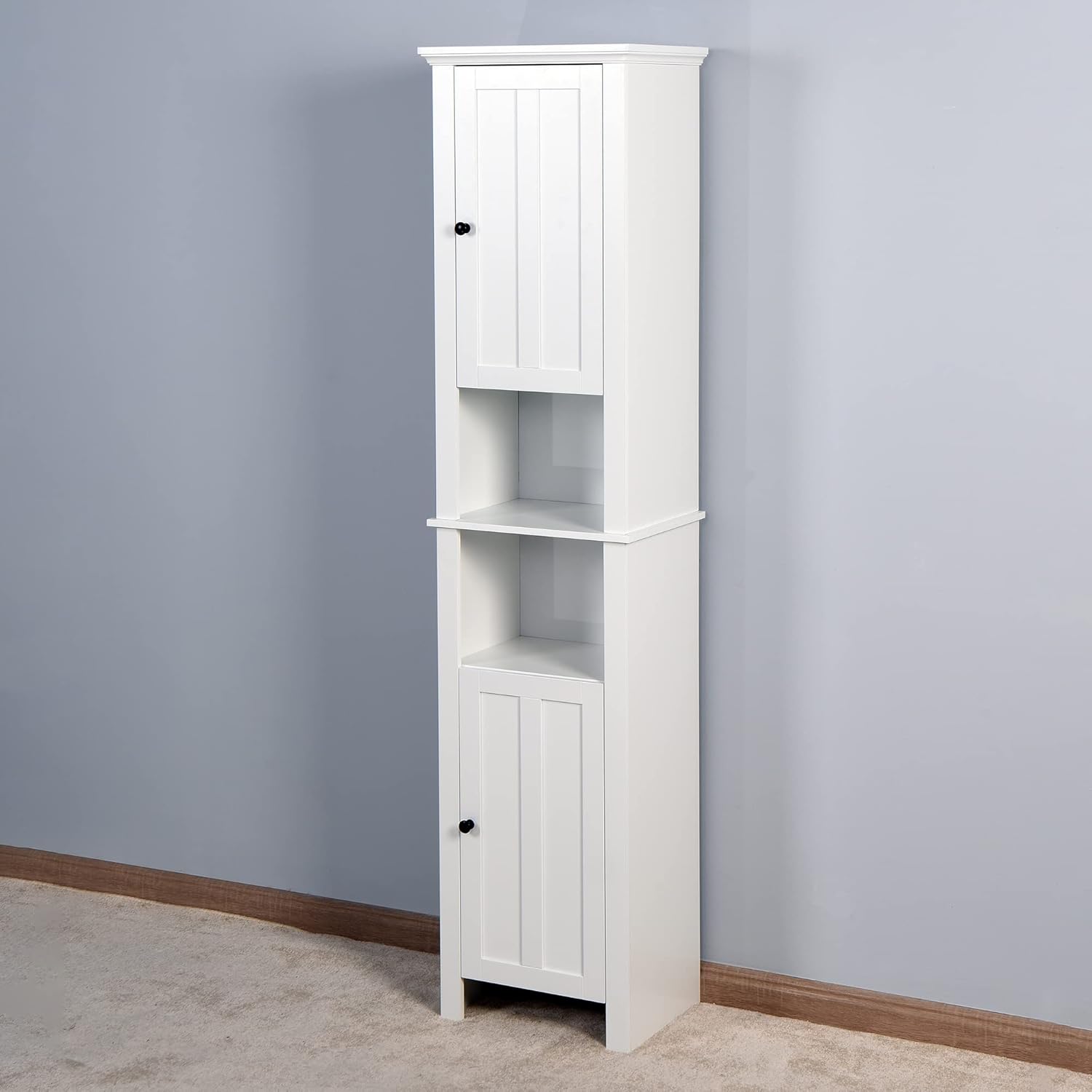 Armario alto de lino tipo torre con 2 puertas y estantes de 6 niveles, gabinete de almacenamiento estrecho para sala de estar, 15.75 x 11.81 x 66.93