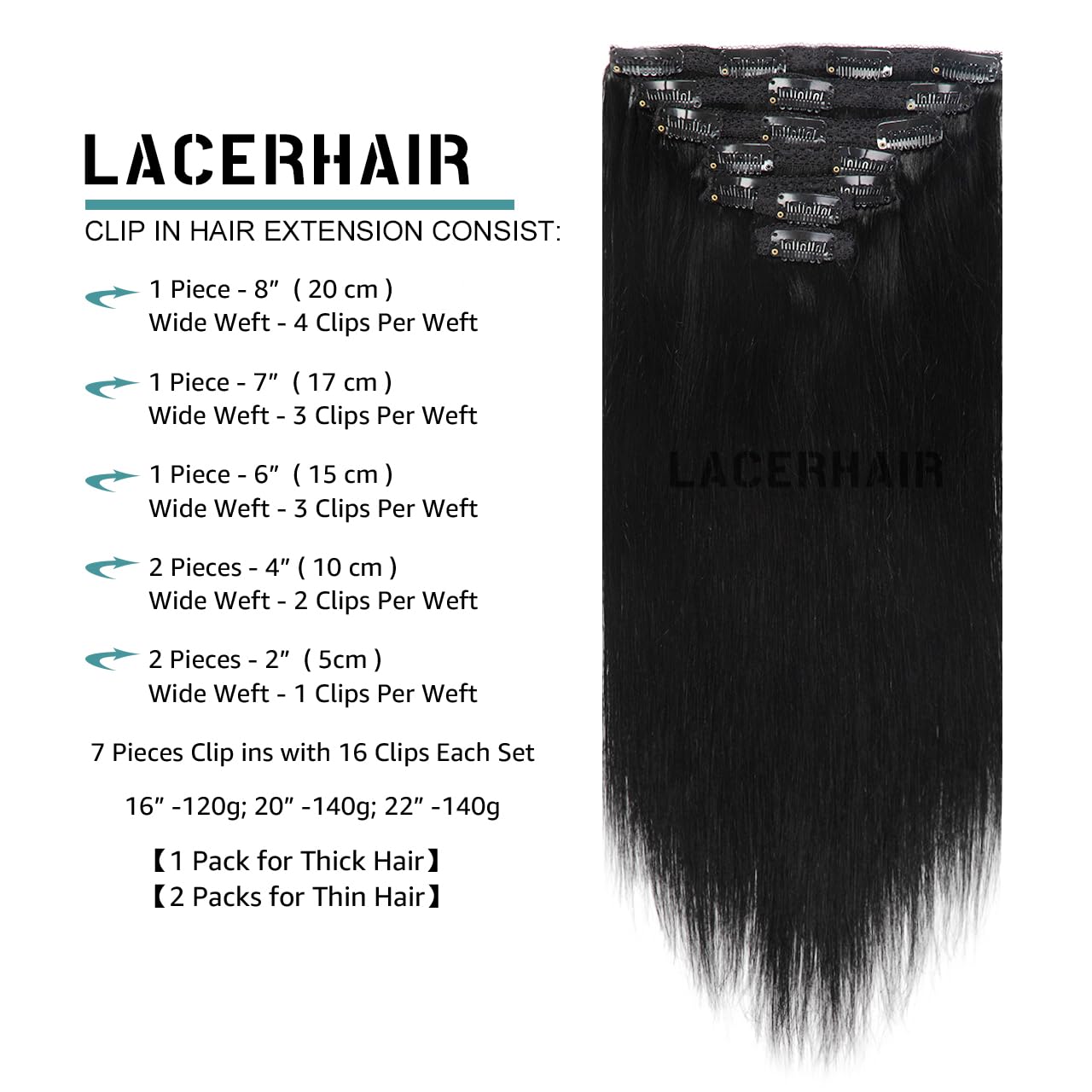 Lacer Extensiones de cabello humano con clip, de doble trama, cabello brasileño de cabeza completa, color negro azabache, extensiones de cabello