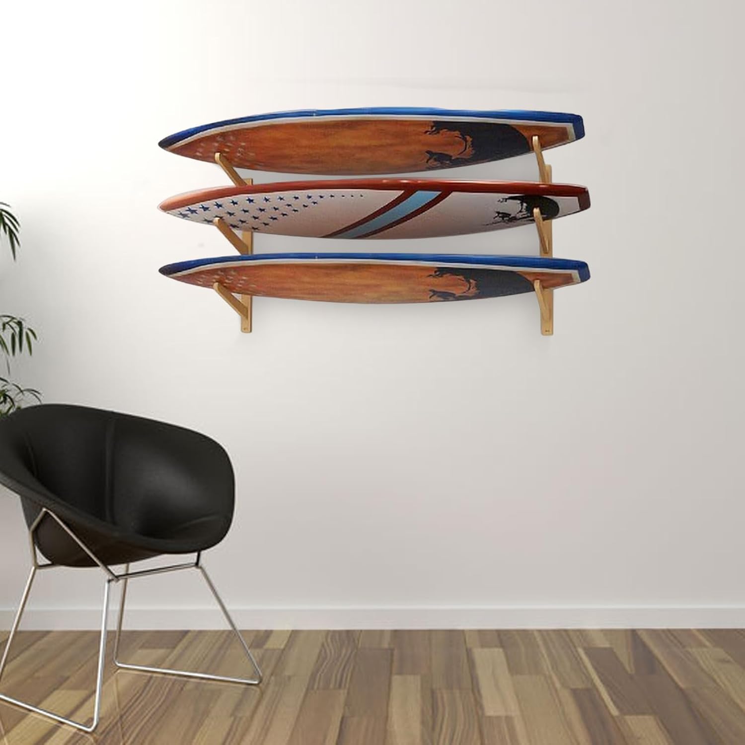 Stranthother Soporte de pared para tabla de surf, 3 tablas de surf, soporte de madera maciza para tablas de surf, soportes de tabla de surf para