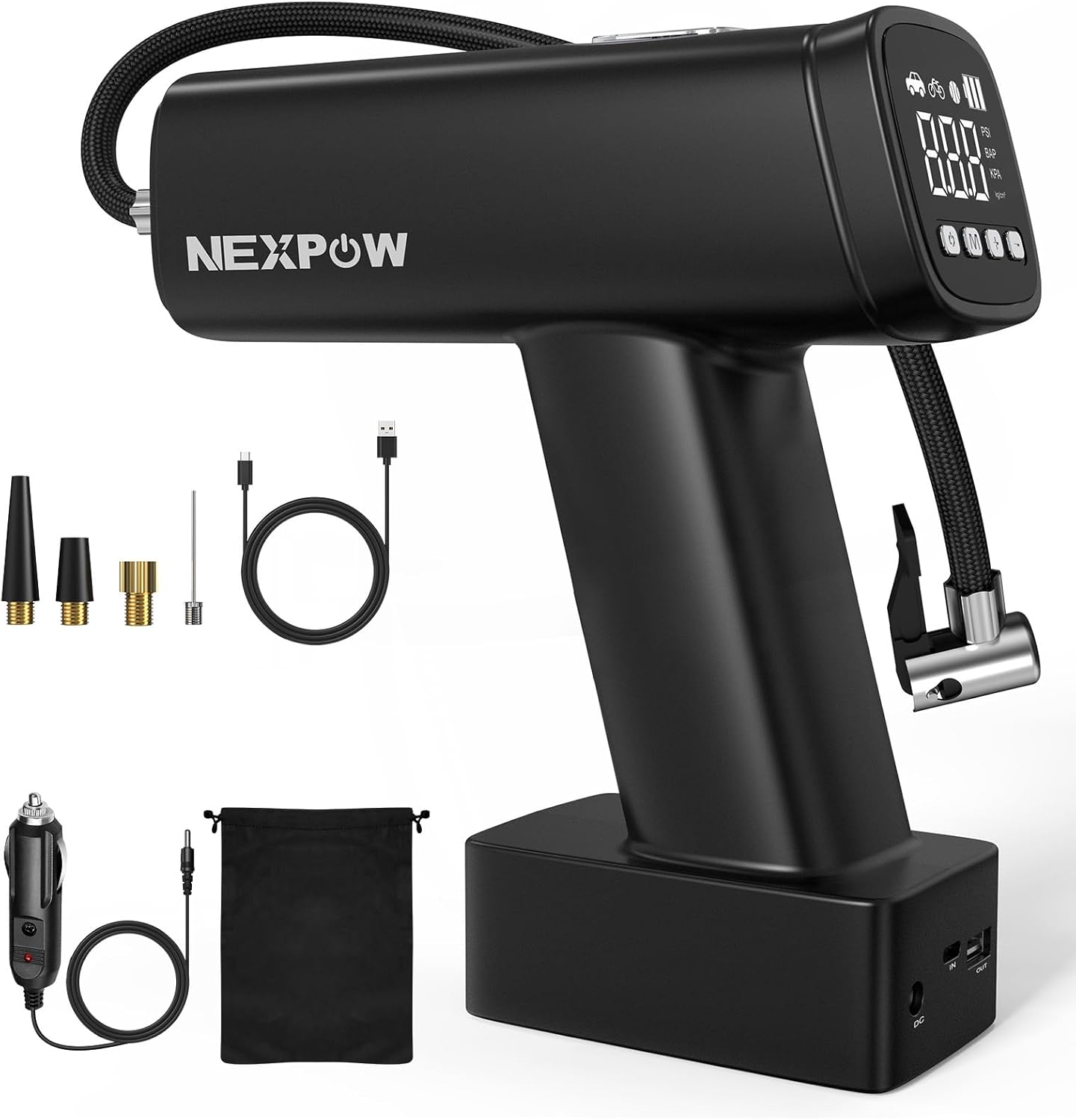NEXPOW Inflador de neumáticos automático, compresor de aire portátil, bomba de aire de 160 PSI con batería de 7500 mAh, bomba digital de bicicleta