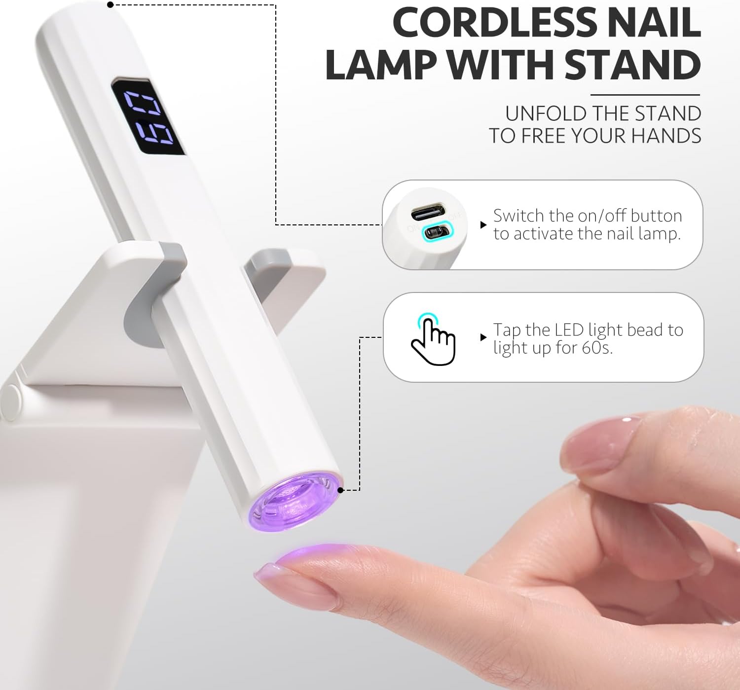 GAOY Lámpara de uñas inalámbrica con soporte, luz UV de mano con pantalla LCD para uñas de gel, secador de uñas USB recargable para secado rápido