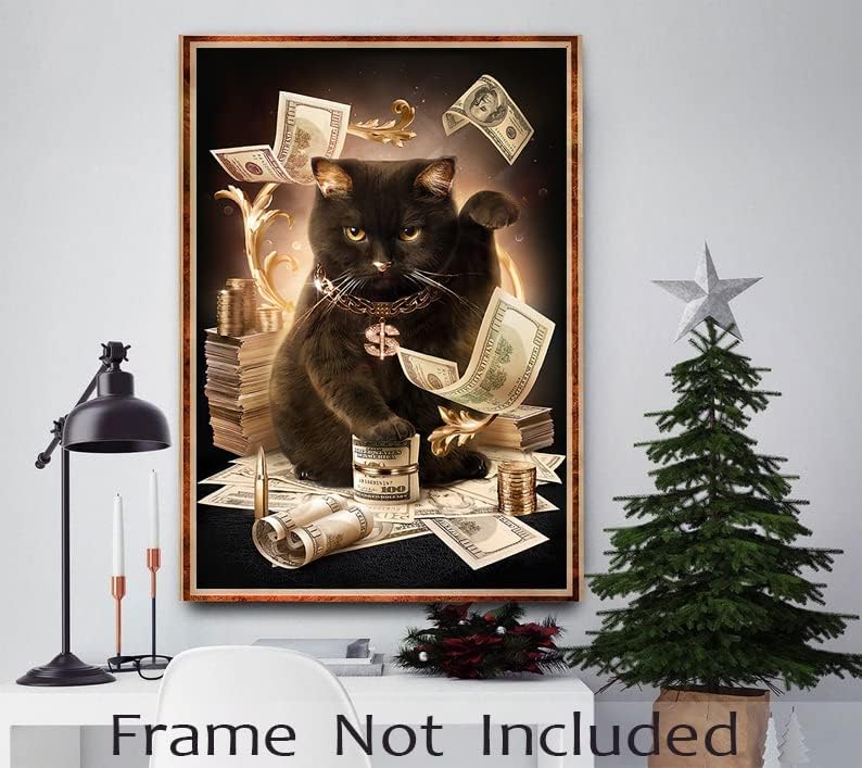 Póster divertido de dólar con diseño de gato de la suerte negro con texto en inglés, arte de pared para amantes de los gatos, arte de oro negro,