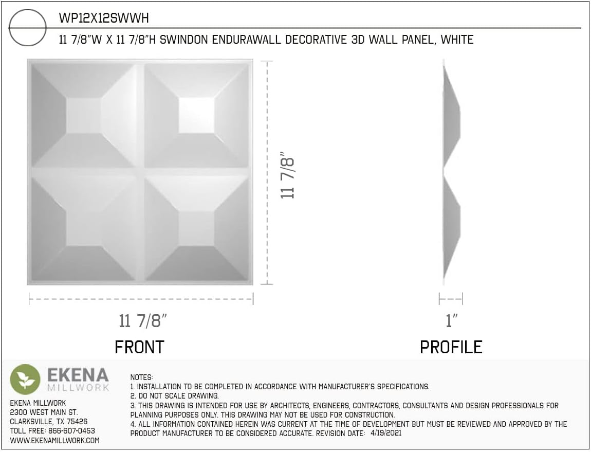 Ekena Millwork WP12X12SWWH-CASE-20 11 78 pulgadas de ancho x 11 78 pulgadas de alto Swindon EnduraWall Decorativo 3D Cubiertas de panel de pared
