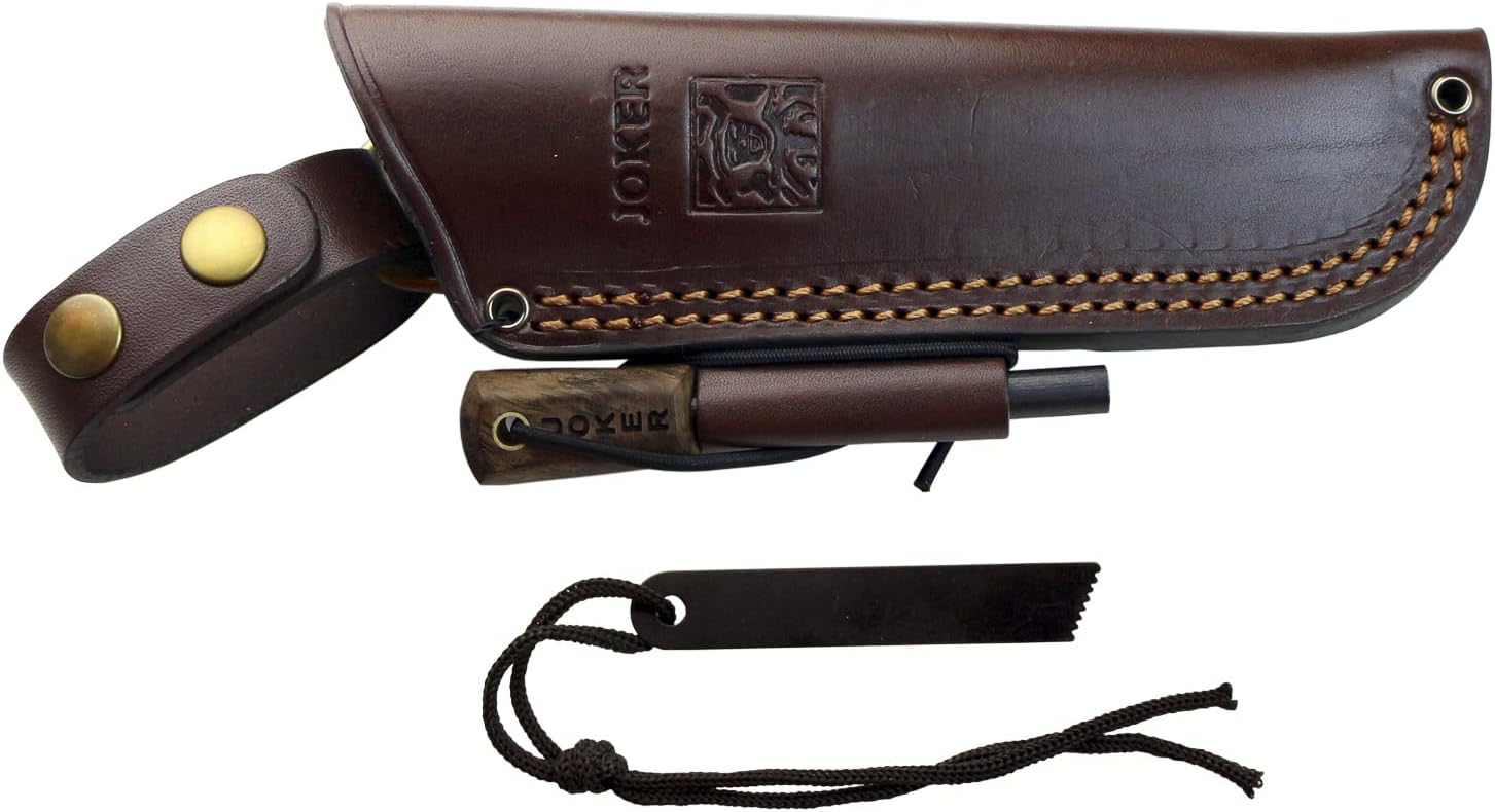 Joker Nessmuk CN136-P Cuchillo de caza, mango de nogal, hoja Sandvik 14C28N de 4.3 in con molienda plana, con funda de cuero marrón y pedernal,