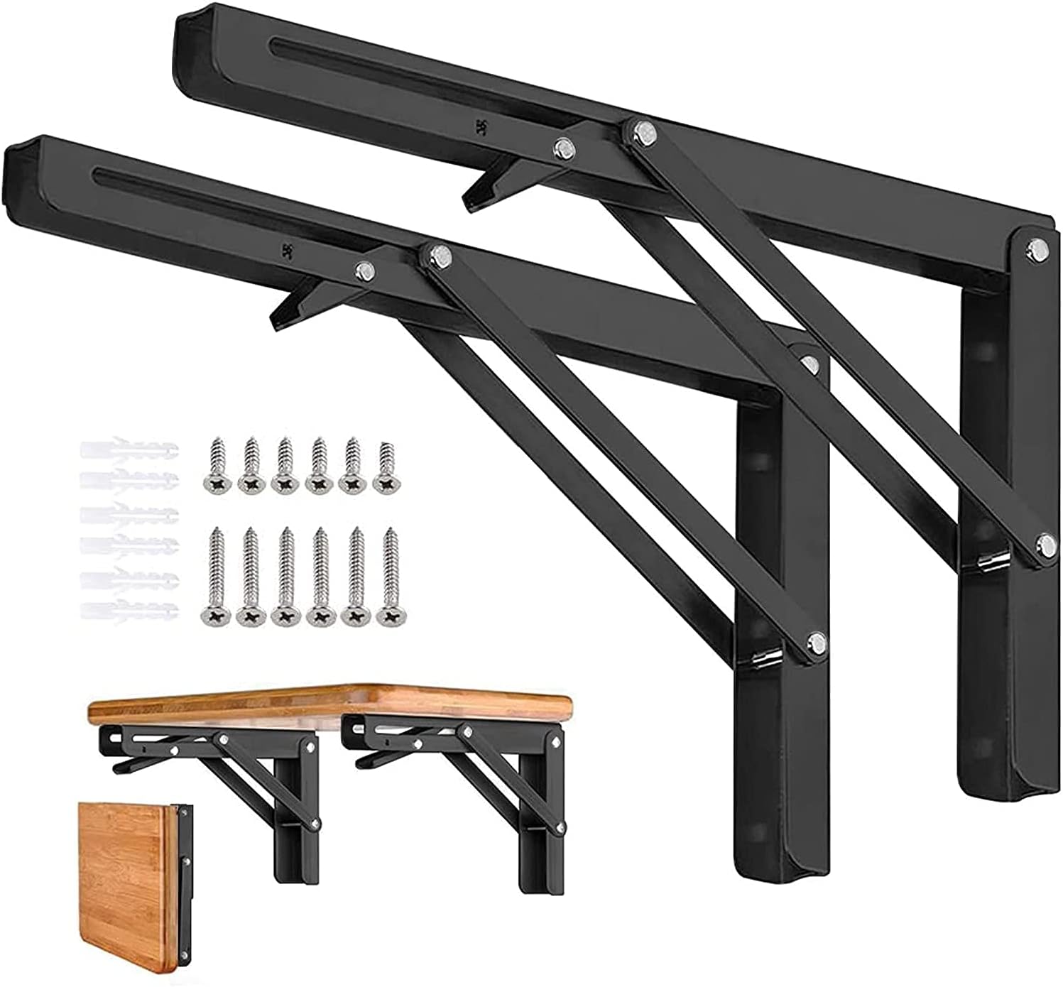 AUTOHJ Soportes plegables para estantes  8 pulgadas, 2 piezas de metal resistente, soporte de estante plegable montado en la pared, ahorro de