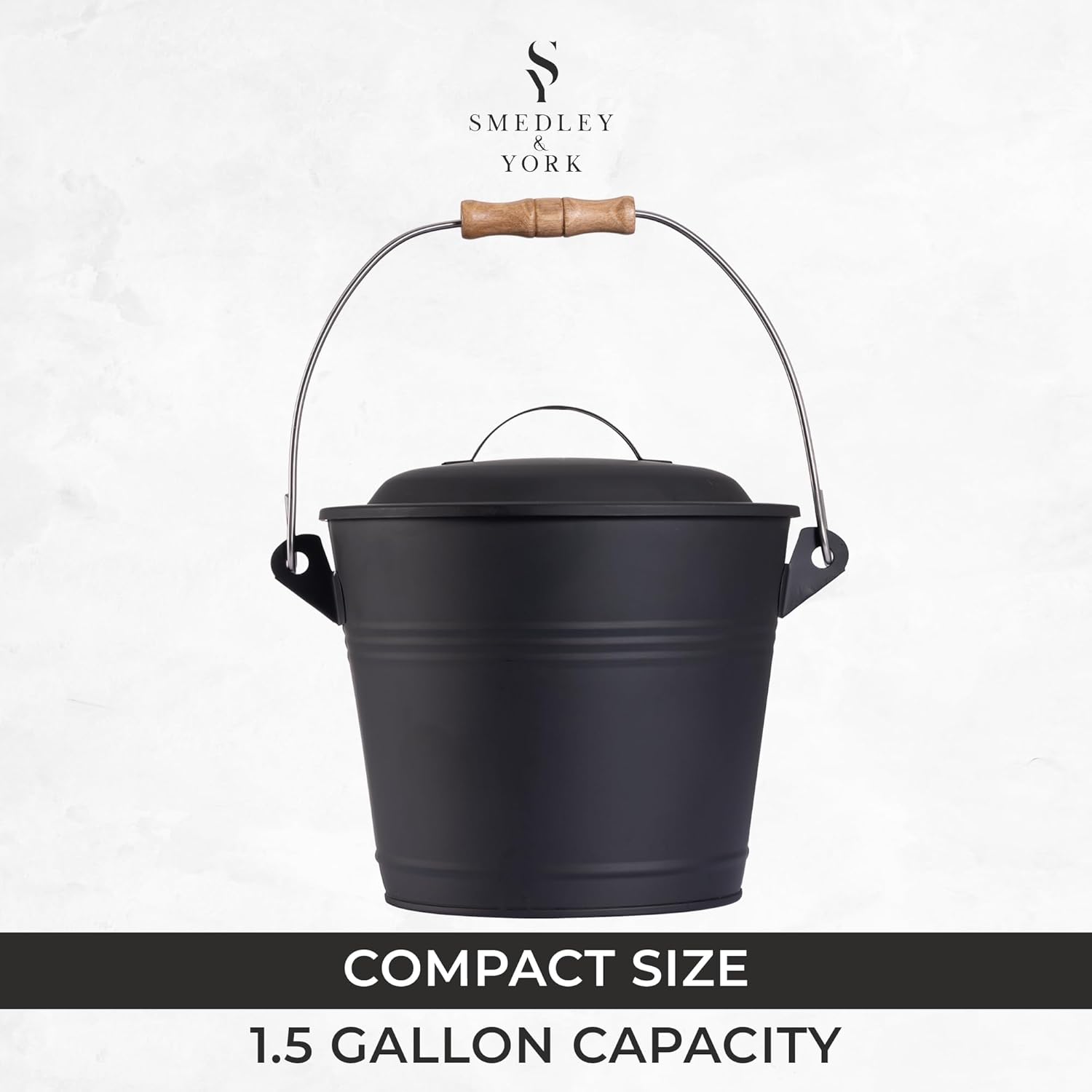Smedley & York Mini cubo de ceniza con tapa, incluye herramientas para chimenea, cubo, pala y escoba, cubo de metal de carbón de 1.5 galones con