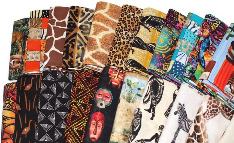 Paquete de 10 cuartos de grasa  África africana Fat Quarter Bundle Animales, Leones, Jirafa, cebra, rinoceronte, geométrico, safari, estampados