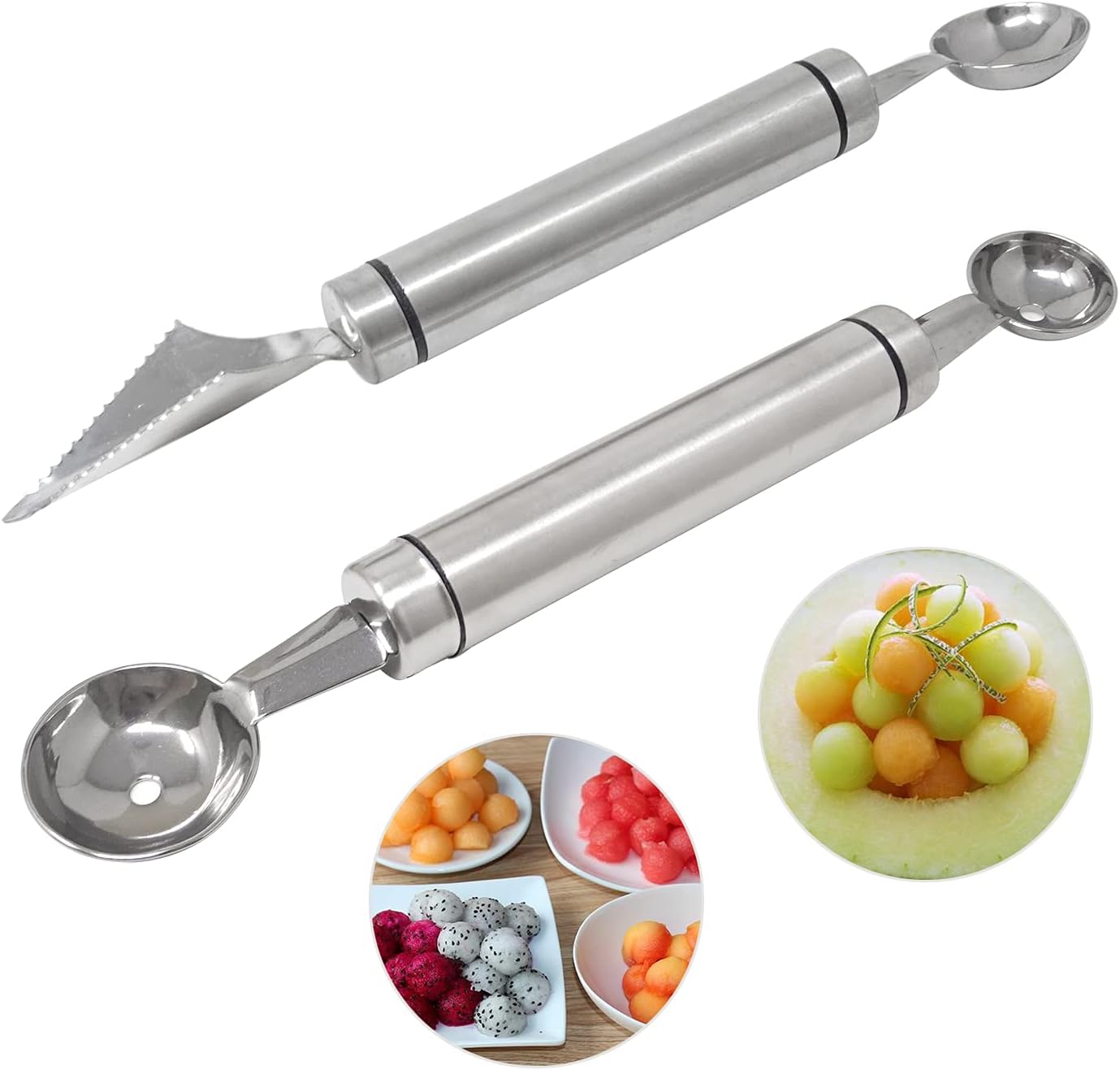 Honbay 2 piezas de acero inoxidable de doble cabeza de melón Baller Scoop cuchillo para tallar frutas, cuchara de cocina de doble propósito,