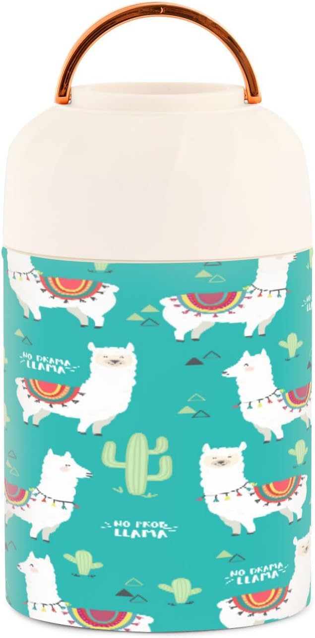 Llama – Tarro de alimentos aislado al vacío de acero inoxidable de 16 onzas, con cuchara plegable, boca ancha, termos de sopa a prueba de fugas para