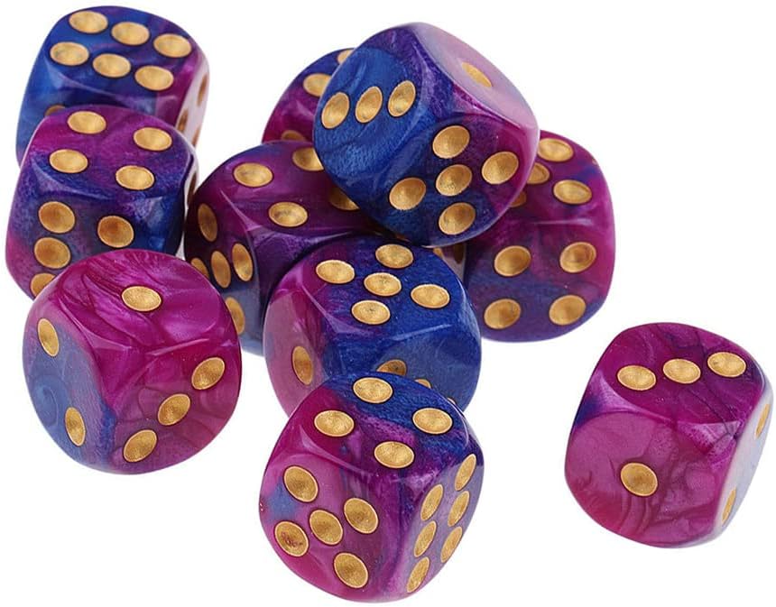 10 dados poliédricos D6 de 0.632 pulgadas de acrílico para juegos de mesa RPG MTG DND (morado y azul)
