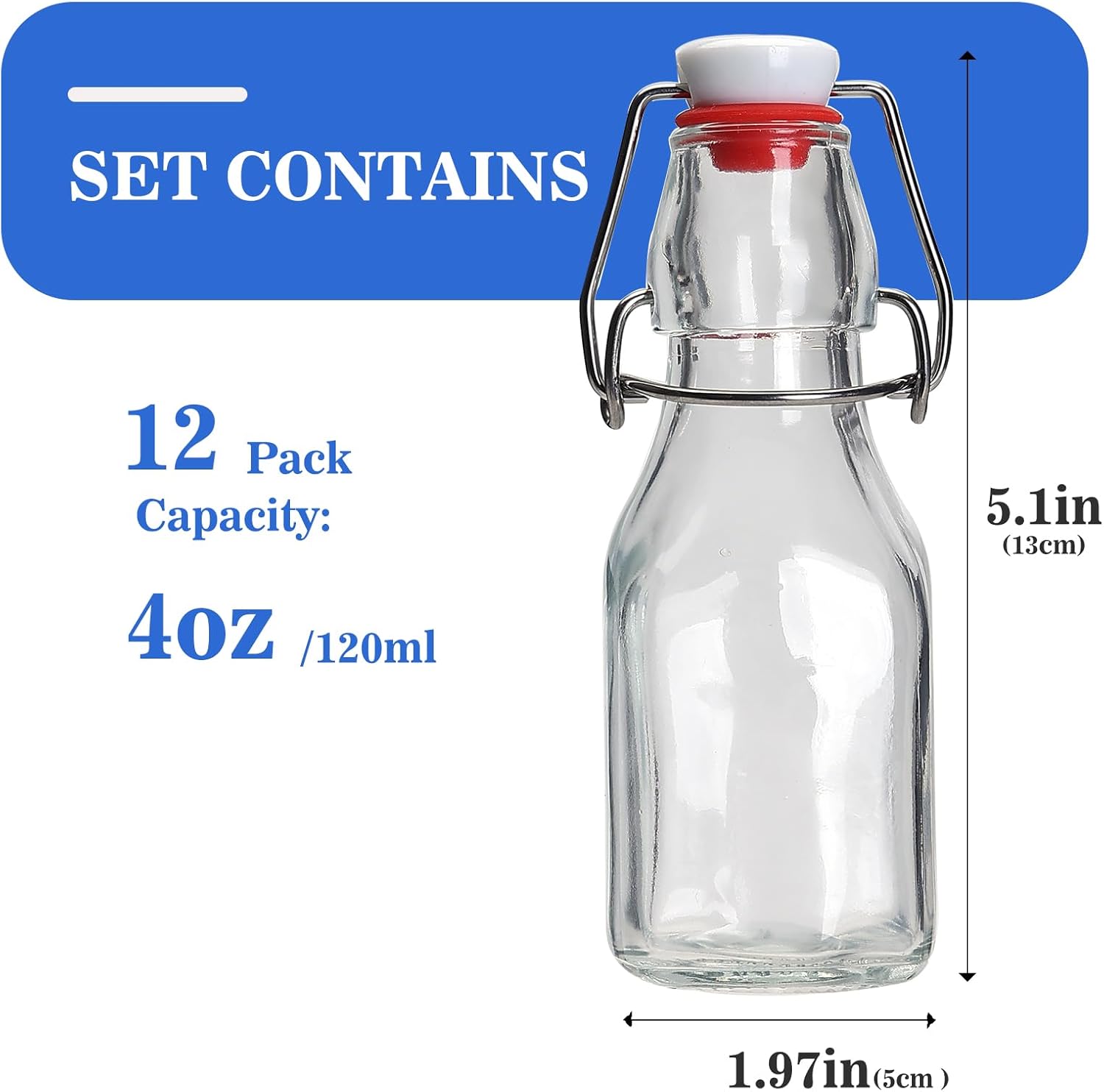 Botella de vidrio transparente con tapa abatible para tapas herméticas, paquete de 12 botellas de infusión de 4 onzas con tapas abatibles, para