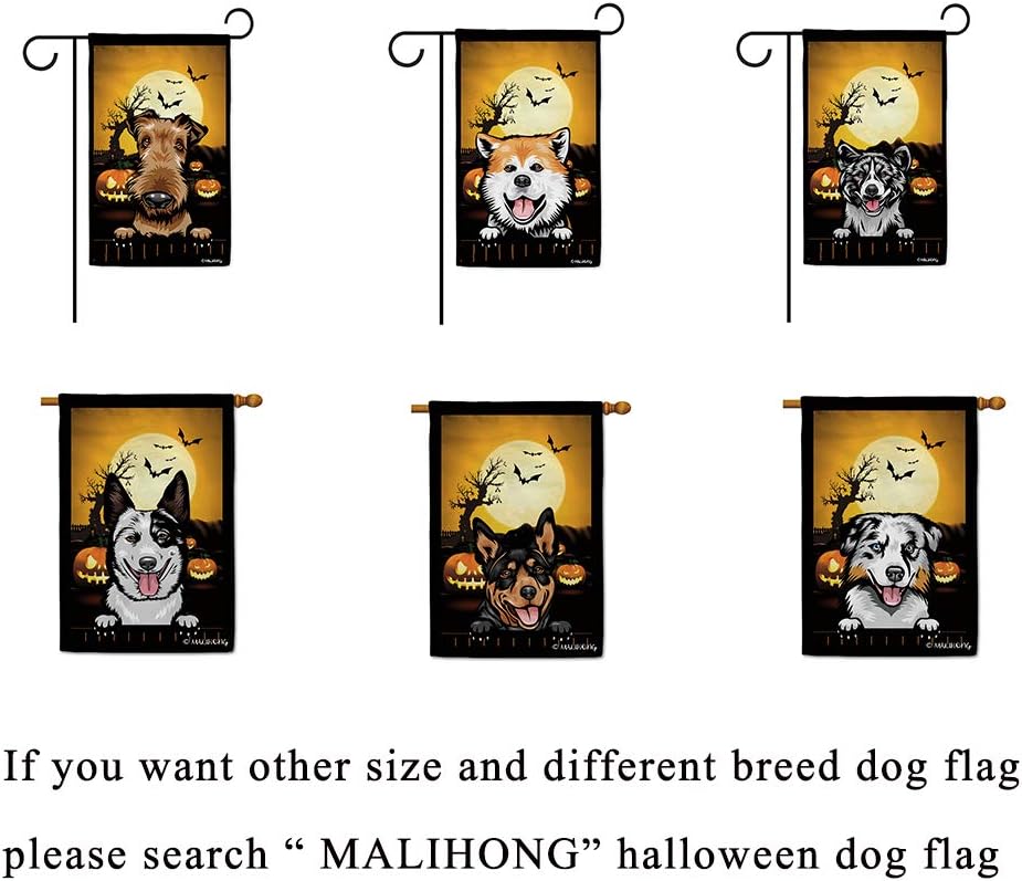MALIHONG Bandera de jardín de calabaza de feliz Halloween Jack O’Lantern con perro, husky siberiano, Halloween, murciélago, Boo, bandera decorativa
