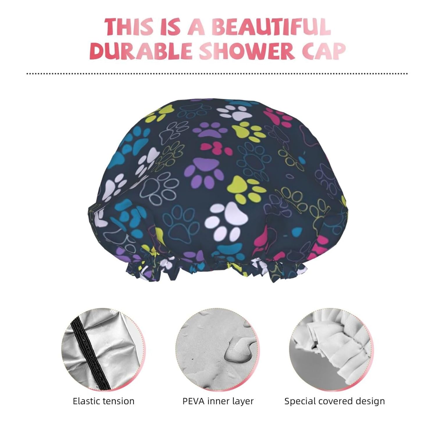Lindo gorro de ducha con diseño de pata de perro, marco completo, doble capa, impermeable, cómodo, elástico y portátil