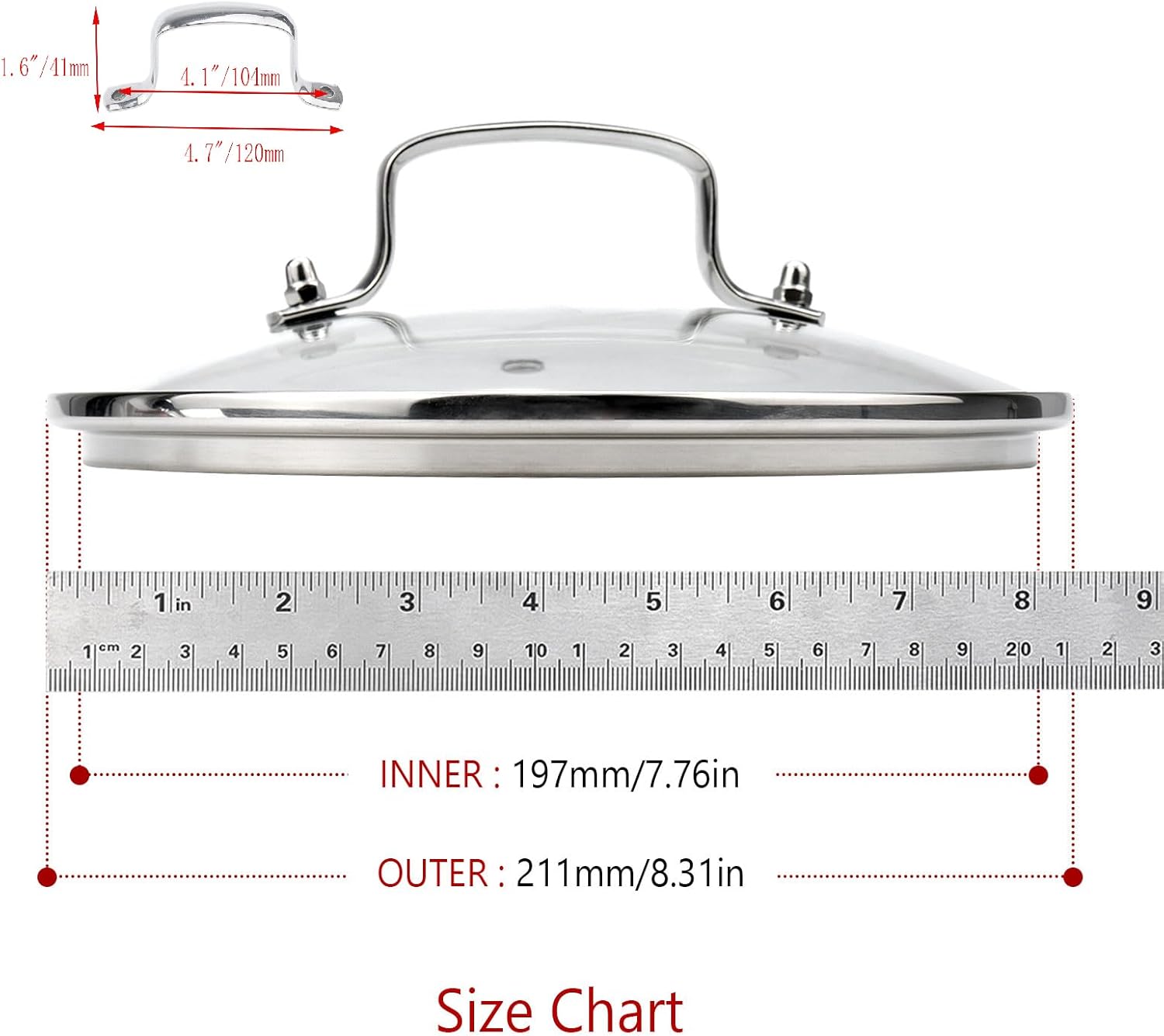 Geesatis Tapa de vidrio para olla de 8 pulgadas, tapa de vidrio templado, borde de acero inoxidable y asas, tapas universales que soportan 356 F