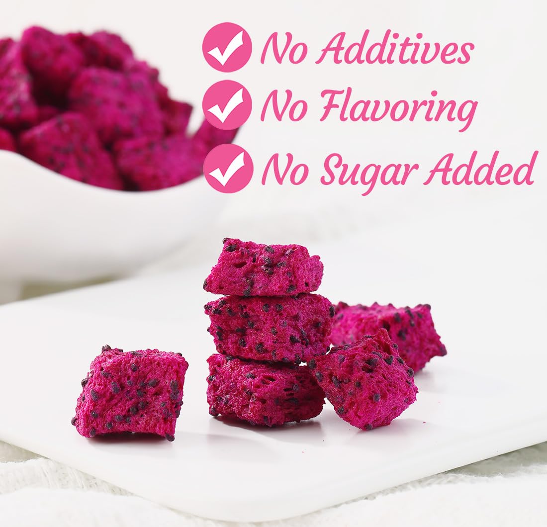 Fruta del dragón liofilizada prémium en cubitos de 2.7 onzas2.72 oz, Pitaya sin azúcar añadido, 1 ingrediente y 100% natural y sin aditivos.