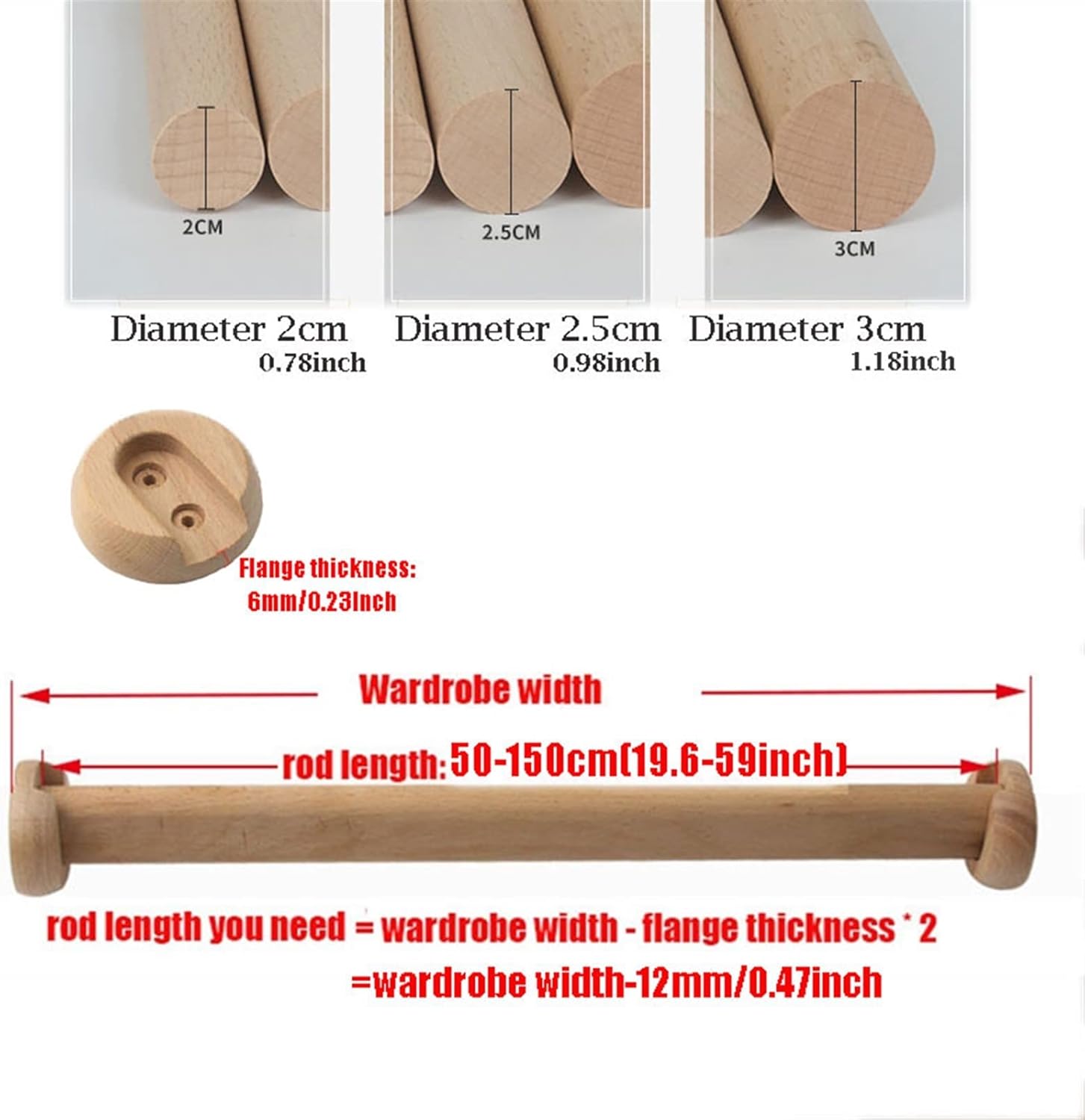 1 barra redonda de madera para colgar ropa, barra de armario de alta calidad, barra cruzada para ropa, barra cruzada para ropa, barra de madera