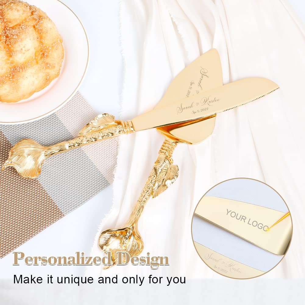 Juego de corte de pasteles para boda, juego de cuchillos y servidores dorados personalizados, juego de servir pastel de pastelería grabado, cortador