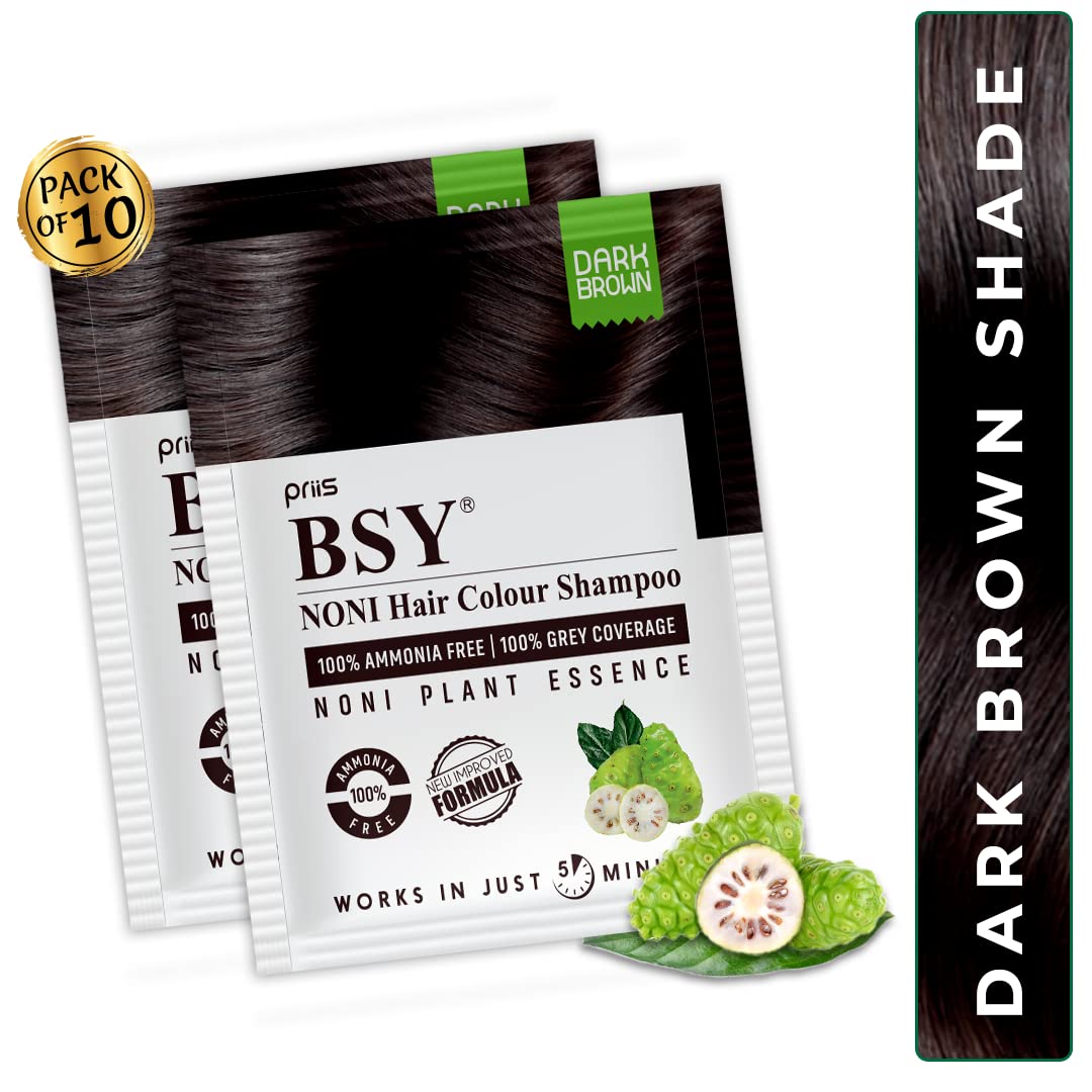 BSY Noni – Champú de color marrón oscuro (0.7 fl oz x 10 bolsitas)  Champú de color de cabello sin amoníaco para hombres  Champú permanente de tinte