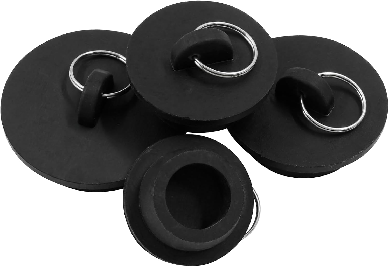Paquete de 4 tapones de goma para fregadero de bañera, tapones de drenaje de bañera negros con anillo de tracción para cocina, bañera, fregadero de