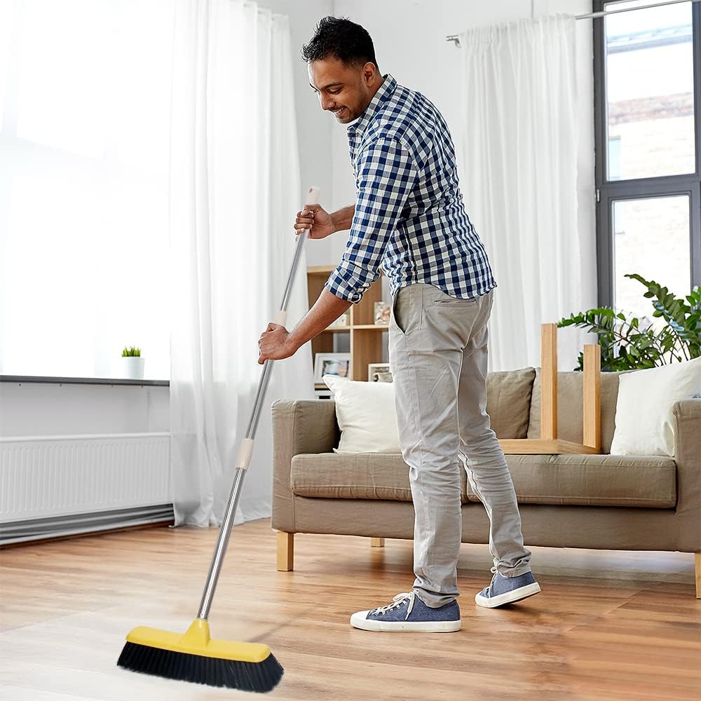 Escoba de empuje con mango largo, cepillo de piso de cerdas suaves de 47.6 pulgadas, escoba de 12.2 pulgadas de ancho para limpiar baño, cocina,